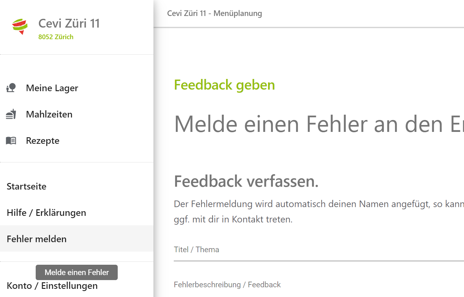 Feedback zu eMeal geben.